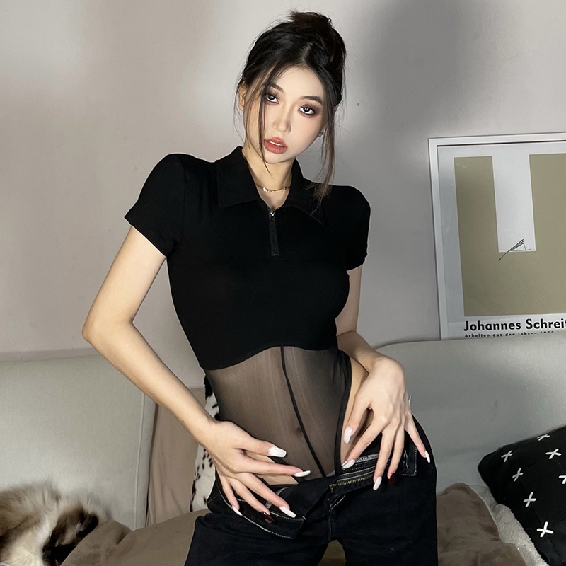 ۞✆№cropped top gaya Hong Kong babes mesh splicing sexy jumpsuit wanita ritsleting tembus pandang slim top trendy #COD