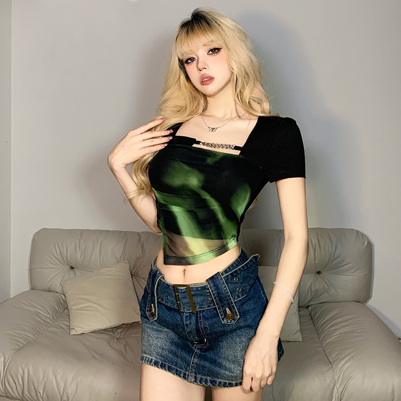 ∋◘cropped top punk street retro hot girl style chic smudge printing design sense slim fit T-shirt female tide #COD