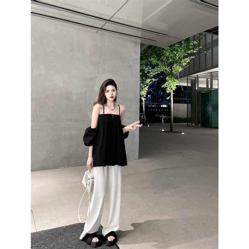 ◘✶Cropped Top Suit Wanita Puff Sleeve Satu Bahu Suspender Top Putih Lebar Kaki Celana Panjang Kasual Celana Lurus setelan Celana Musim Panas #COD