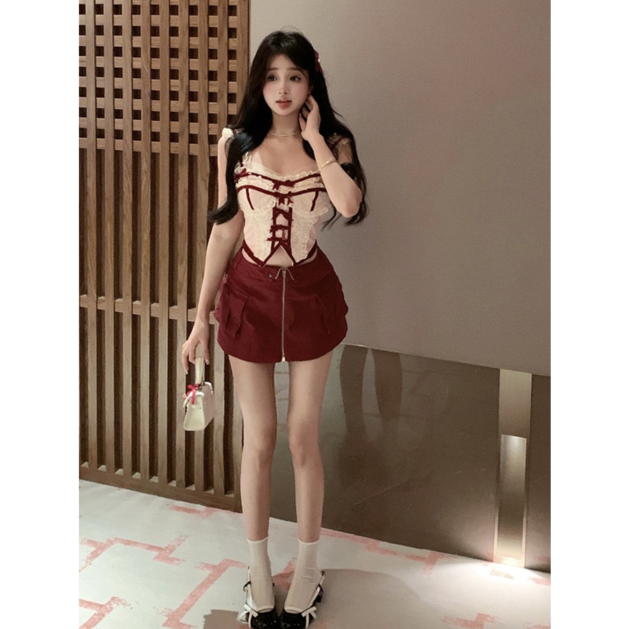 ◐◕❣dipotong top musim panas desain rasa setelan wanita renda splicing ikatan simpul sling tops ceruk rok a-line rok ritsleting #COD