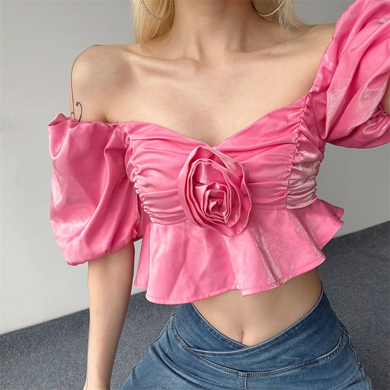 ✤۩❉cropped top Prancis gaya istana retro tiga dimensi manor rose dekorasi T-shirt wanita puff lengan all-match top #COD