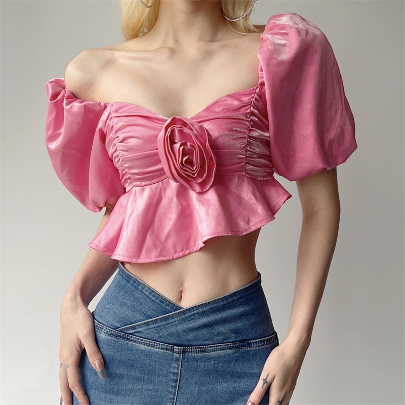 ✤۩❉cropped top Prancis gaya istana retro tiga dimensi manor rose dekorasi T-shirt wanita puff lengan all-match top #COD