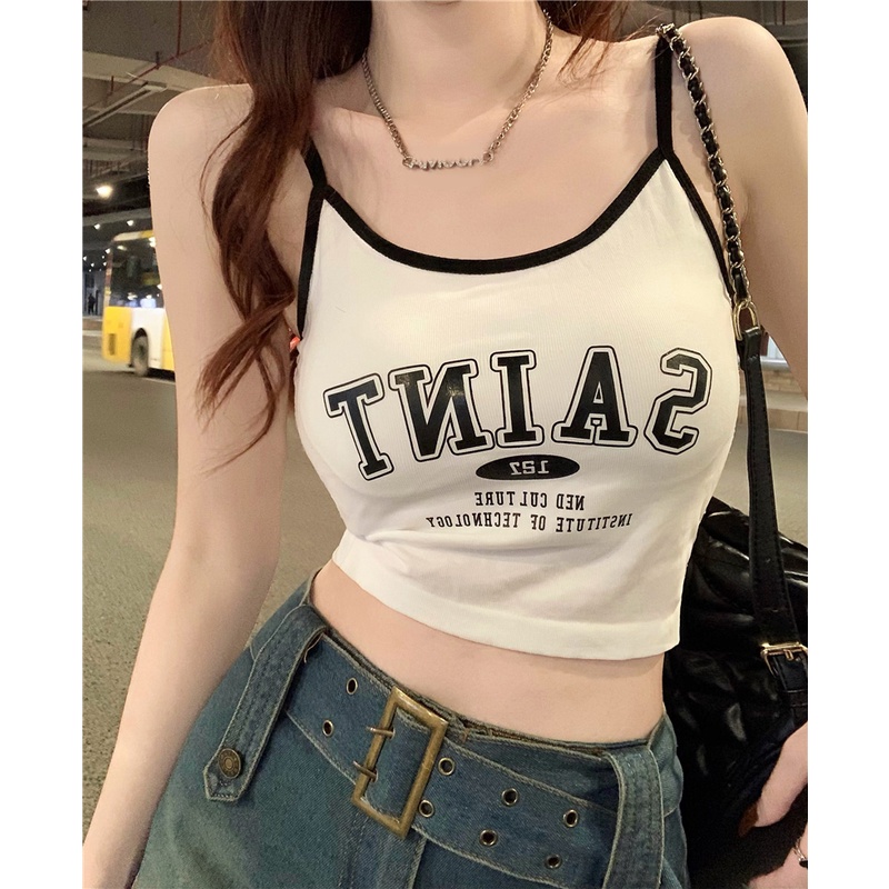 ❁✸﹍cropped top musim semi dan musim panas versi Korea dari surat splicing anti-light printing camisole pakaian dalam wanita slim fit outer wear short top women #COD