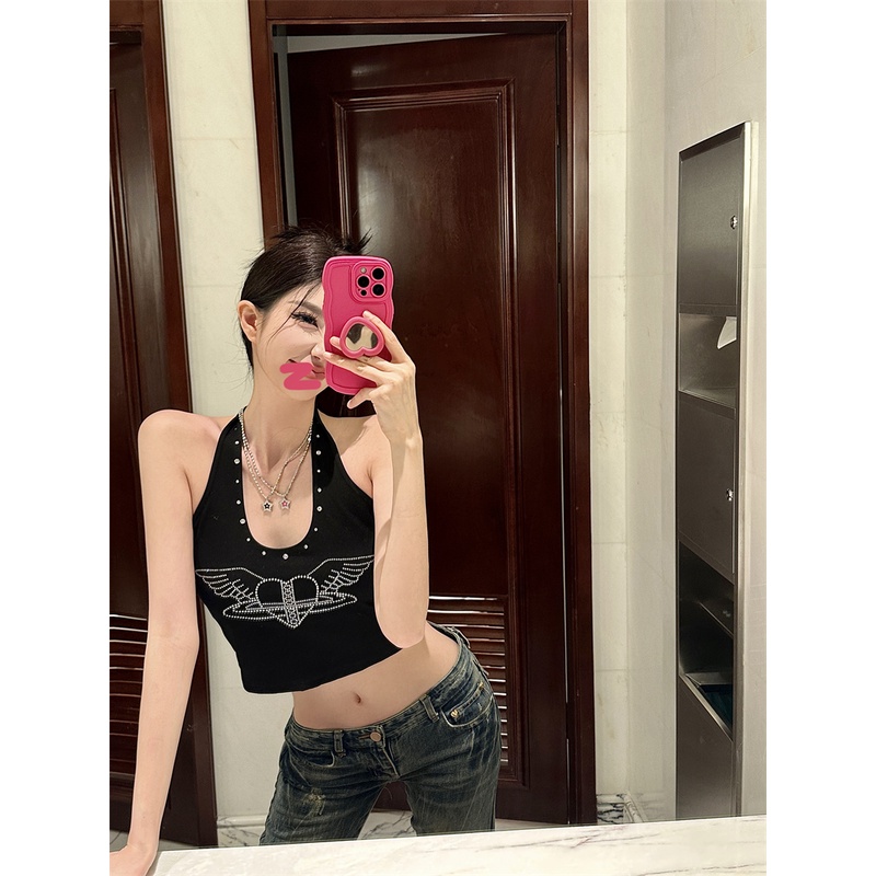 ☽cropped top hot girl love hot diamond tanpa lengan rompi wanita suspender hitam pendek manis gaya keren halter neck pakaian luar crop top summer #COD