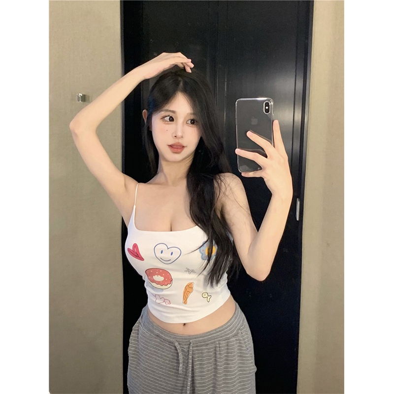 ✇✧Dipotong Top Niche Babes Kartun Seksi dengan Bantalan Dada Tanpa Lengan Pakaian Luar Yang Chic Top Musim Panas Rompi Pendek Kamisol Cetak Wanita #COD