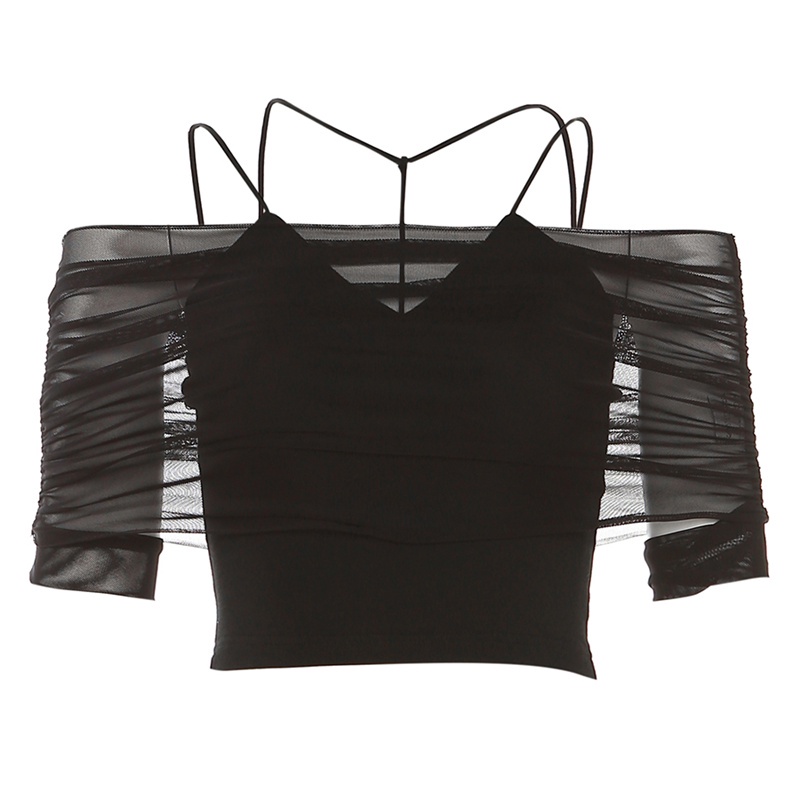 ▤❀cropped top sexy babes one-shoulder see-through mesh slim-fit T-shirt cross tie inner top suit women #COD