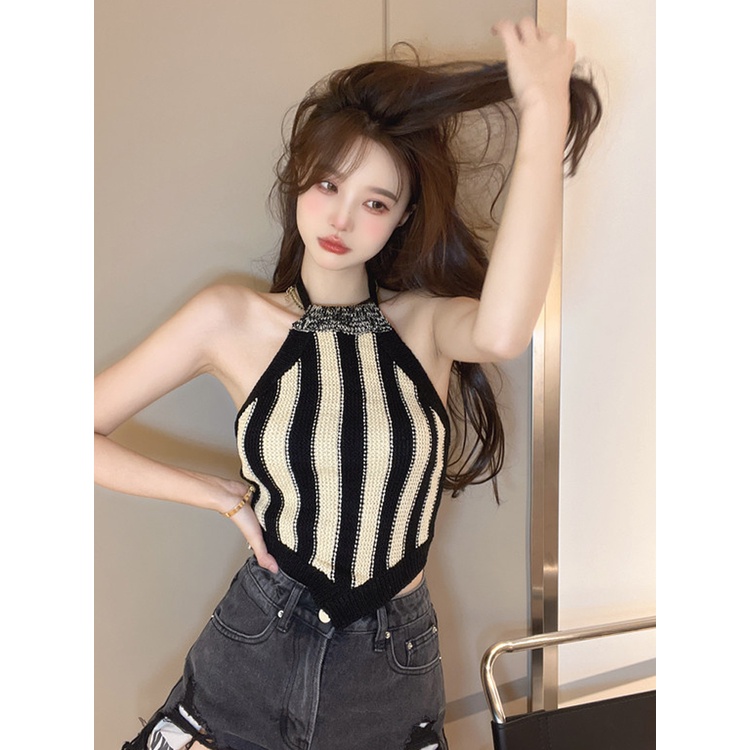 ⊕✜cropped top Niche design halterneck knit sweater with straps for pure desire bottoming inner top top wanita musim semi dan musim panas hot girls small vest sexy #COD