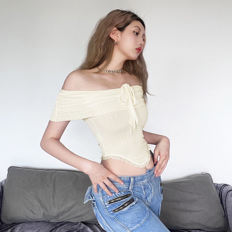 ❧♂۩cropped top French Versailles gaya elegan one-shoulder lembut T-shirt wanita all-match slim fit pendek top untuk terlihat kurus #COD