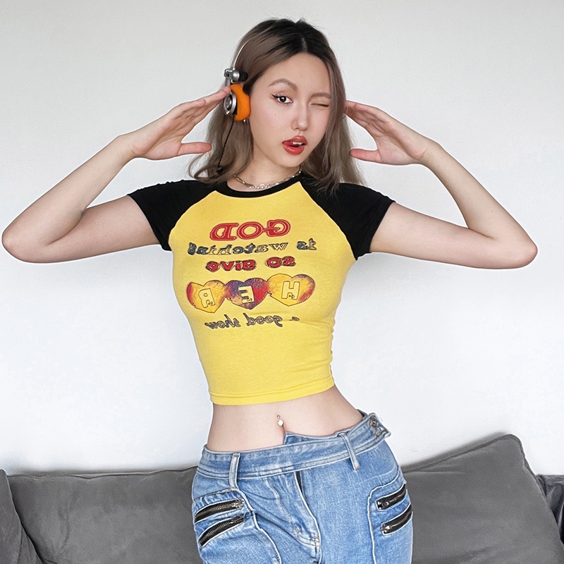 ✾✲cropped top street trendy cool hot girl chic fun print slim fit thin T-shirt female design sense serbaguna top #COD