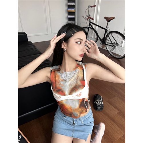 ✧✖❀cropped top ceruk musim panas dicetak leher bulat tanpa lengan kemeja bottoming untuk hot girls short slim outerwear sports camisole top women #COD