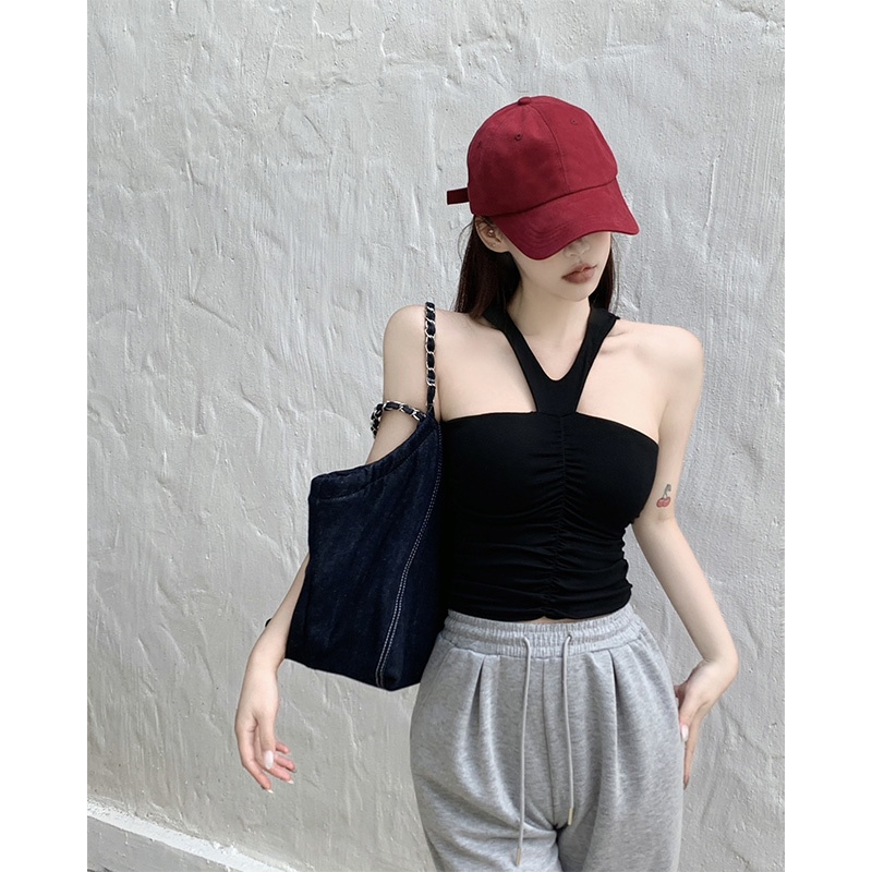 ™❣cropped top spring halter neck tipis atas pakaian luar wanita sexy hot girl lipit strapless inner straps with chest pad tube top camisole straps #COD