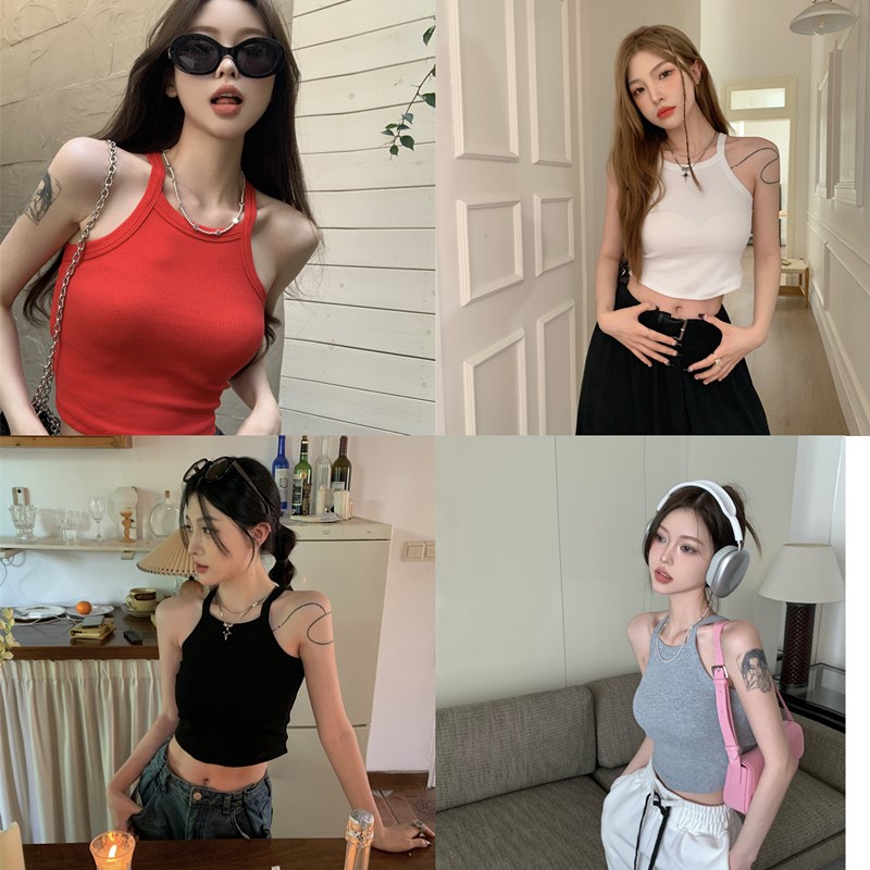 ♟┇✑cropped top bottoming kemeja wanita ramping tanpa lengan olahraga pakaian luar rompi hot girl suspender pendek putih bagian dalam seksi top musim semi dan musim panas #COD