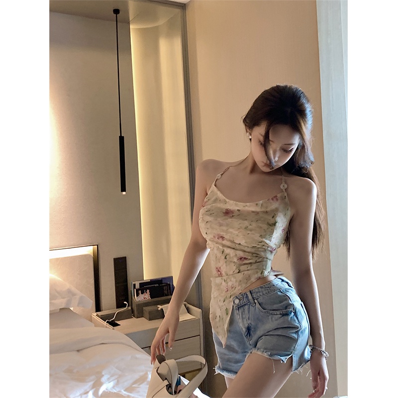 ☇✇ஐCropped top chiffon floral sling pakaian luar wanita musim semi dan musim panas tanpa lengan top sexy halter neck tube top vest kecil tidak beraturan #COD