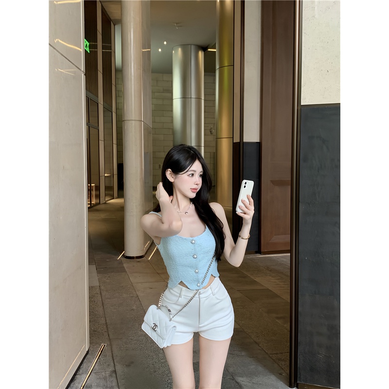 ₪cropped top Xiaoxiangfeng Kamisol Tidak Teratur Tanpa Lengan Biru Inner Spice Girl Pendek Top Wanita Single Breasted Jacquard Musim Panas #COD