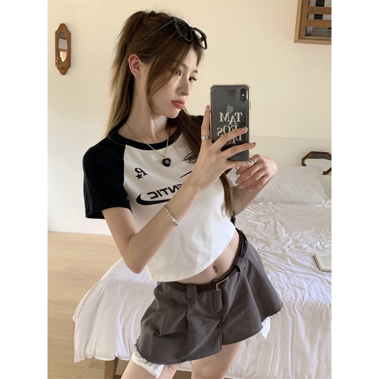 Suhao American retro leher bulat hot girl lengan pendek t-shirt wanita musim panas rasa desain kecil ceruk pendek lengan raglan top kaos impor wanita kaos wanita gaya korea lengan pendek kaos pendek perempuan