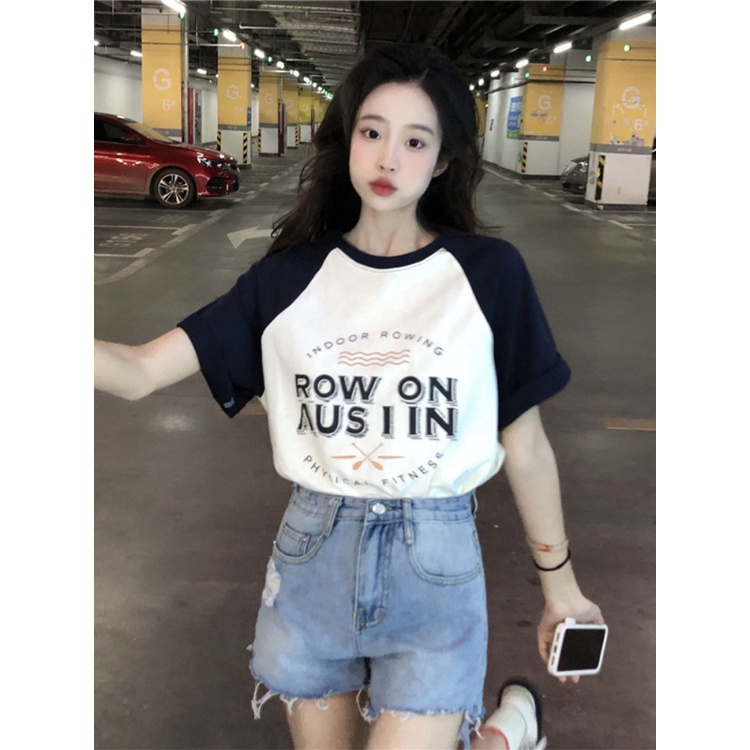 Suhao American Retro Lengan Pendek T-shirt Wanita Musim Panas 2023 Desain Baru Niche Depan Bahu Longgar Tubuh Tipis Atasan Kaos Import Wanita Kaos Wanita Gaya Korea Lengan Pendek Kaos Pendek Perempuan