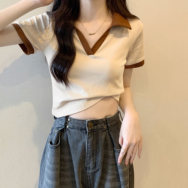 Suhao color contrast stitching pure cotton short-sleeve t-shirt women s 2023 summer new slim fit slim Polo collar short t-shirt top kaos import wanita kaos wanita gaya korea lengan pendek kaos pendek perempuan