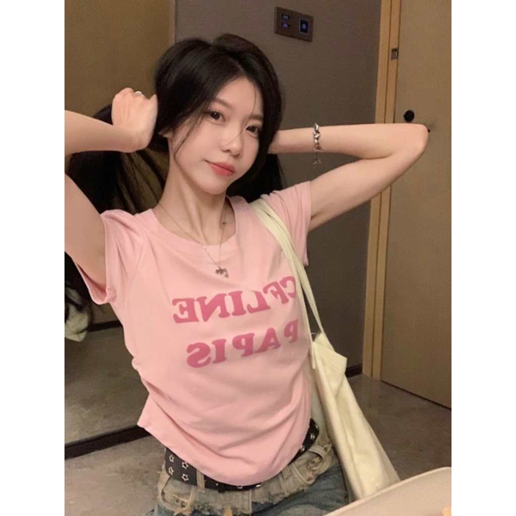 Suhao American style pink printed front shoulder short-sleeve t-shirt women s summer irregular design feeling niche slim slim top kaos import wanita kaos wanita gaya korea lengan pendek kaos pendek perempuan