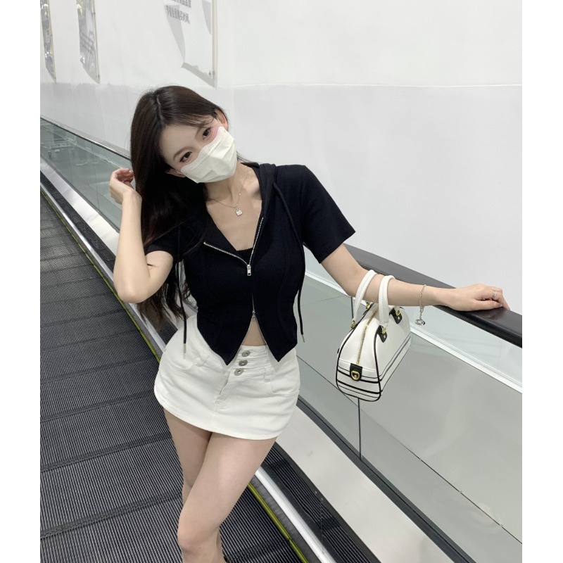 Suhao Pure Desired Grey Hooded Short-Sleeved T-shirt Women s Summer Slim Fishbone Zipper Top Irregular Short T-shirt Kaos Import Wanita Kaos Wanita Gaya Korea Lengan Pendek Kaos Pendek Perempuan