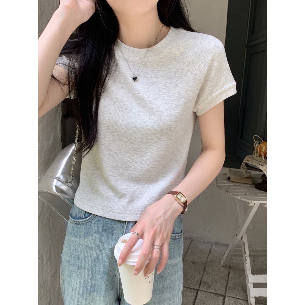 Suhao American style front shoulder short-sleeve t-shirt women 2023 new summer hot girl style slim fit cotton T-shirt short top kaos import wanita kaos wanita Korean style lengan pendek kaos pendek perempuan