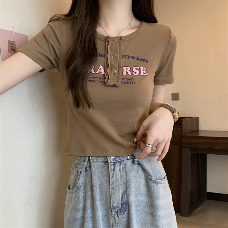 Suhao American Retro Kopi Warna Dicetak Lengan Pendek T-shirt Wanita Musim Panas Rasa Desain Niche Slim Bahu Chic Atasan Pendek Kaos Import Wanita Kaos Wanita Gaya Korea Lengan Pendek Kaos Pendek Perempuan