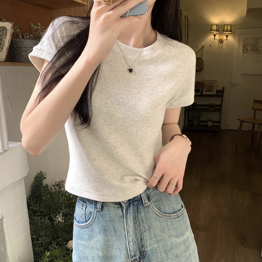 Suhao American Retro Katun Lengan Pendek T-shirt Wanita Musim Panas 2023 Baru Slim Fit Tipis Raglan Lengan Bawahan Atasan Pendek Kaos Import Wanita Kaos Wanita Gaya Korea Lengan Pendek Kaos Pendek Perempuan