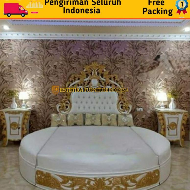 Dipan Tempat Tidur Almera Round Size Ukir Finishing Gold White Glossy Luxury
