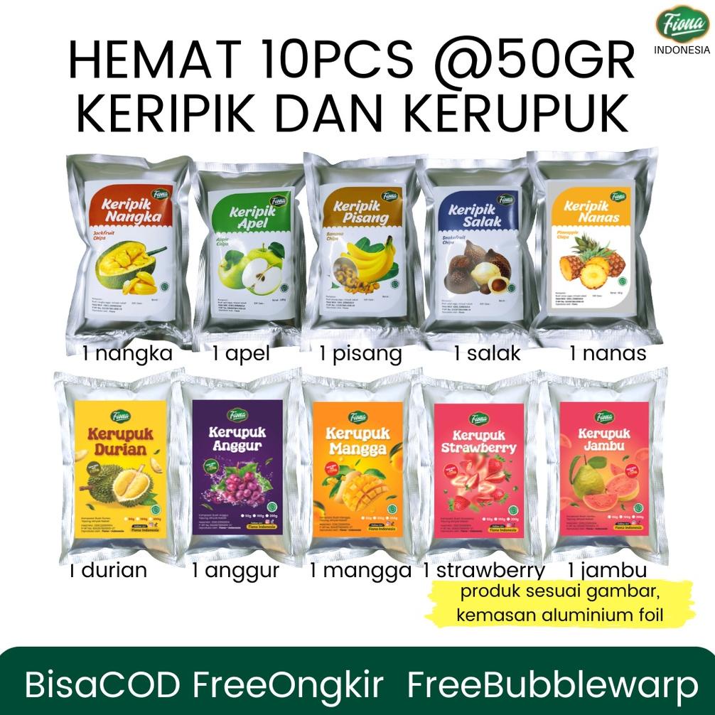 

Fiona Paket Hemat 10 pcs Keripik dan Kerupuk Buah Apel Nangka Salak Durian Anggur Strawberry 50gram Best Seller