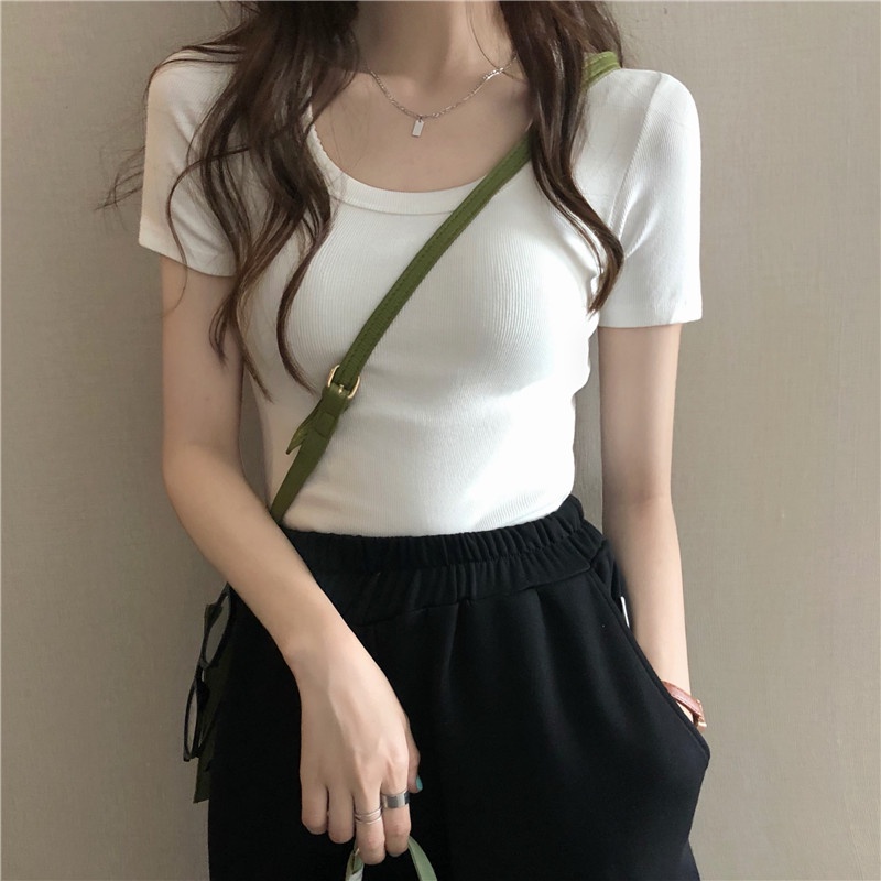 Suhao summer sweet hot girl U-neck front shoulder short-sleeve t-shirt feminin slim bottoming shirt short tight waist pinch top kaos import wanita kaos wanita gaya korea lengan pendek kaos pendek perempuan