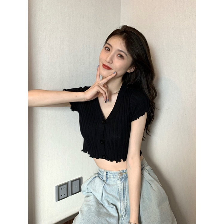 Suhao v-neck knitted cardigan short-sleeved t-shirt women s summer tide short section self-cultivation 2023 new sexy high waist top with navel expose kaos import wanita kaos wanita korean style lengan pendek kaos pendek perempuan