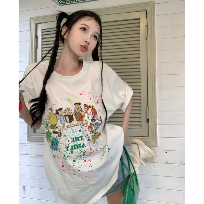 Suhao musim panas versi besar putih besar T-shirt wanita lengan pendek longgar penutup ramping pantat gaya luar negeri Eropa atasan bahu trendi kaos impor wanita kaos wanita gaya korea lengan pendek kaos pendek perempuan