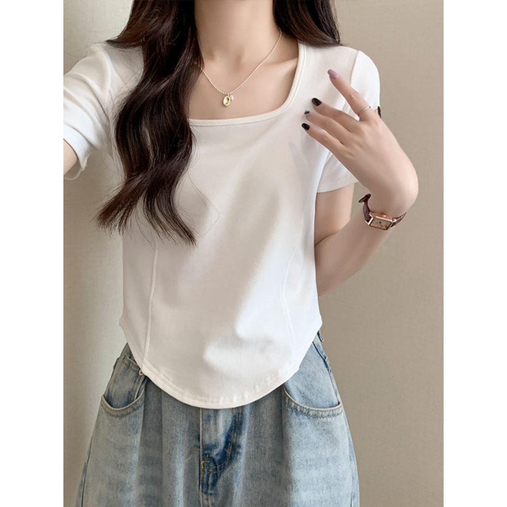 Suhao French square collar front shoulder pink short-sleeve t-shirt women s summer design sense niche pure desire hot girl fish bone short top kaos import wanita kaos wanita gaya korea lengan pendek kaos pendek perempuan