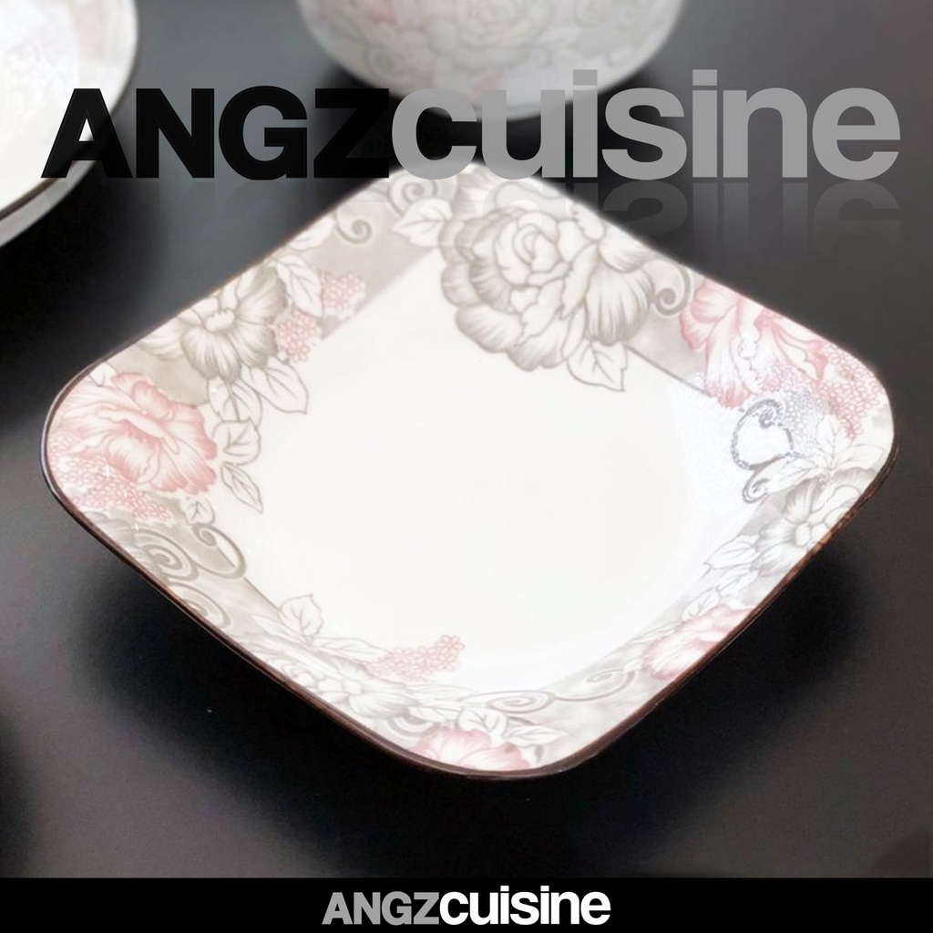 

ANGZCUISINE Ceramic Nordic Fugui Peony Style Square Dinner Plate 8 inch 1 pcs