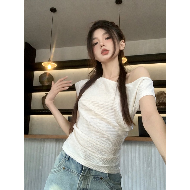 ☒▽☸Suhao kaos import wanita kaos wanita gaya korea lengan pendek kaos pendek perempuan French one-shoulder collarbone short-sleeve t-shirt wanita musim panas pinggang pelangsing tekstur kerut manis hot gadis pendek top