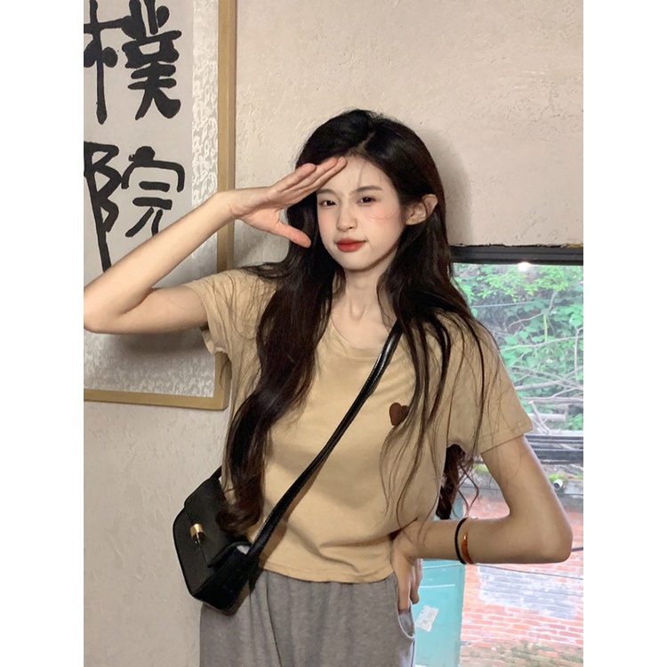 ☼℗﹍Suhao kaos import wanita kaos wanita gaya korea lengan pendek kaos pendek perempuan pink love embroidery pure cotton short-sleeved t-shirt women s summer small loose short section student age-reducing t-shirt top