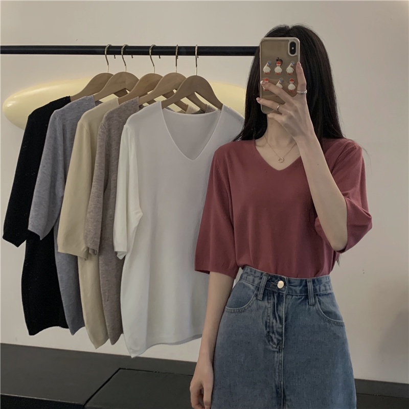 ∏☽❁Suhao kaos import wanita kaos wanita gaya korea lengan pendek kaos pendek perempuan Korean V-neck knitted short-sleeve T-shirt wanita musim panas tipis bagian dalam kemeja T-shirt front shoulder top beautiful foreign style small shirt