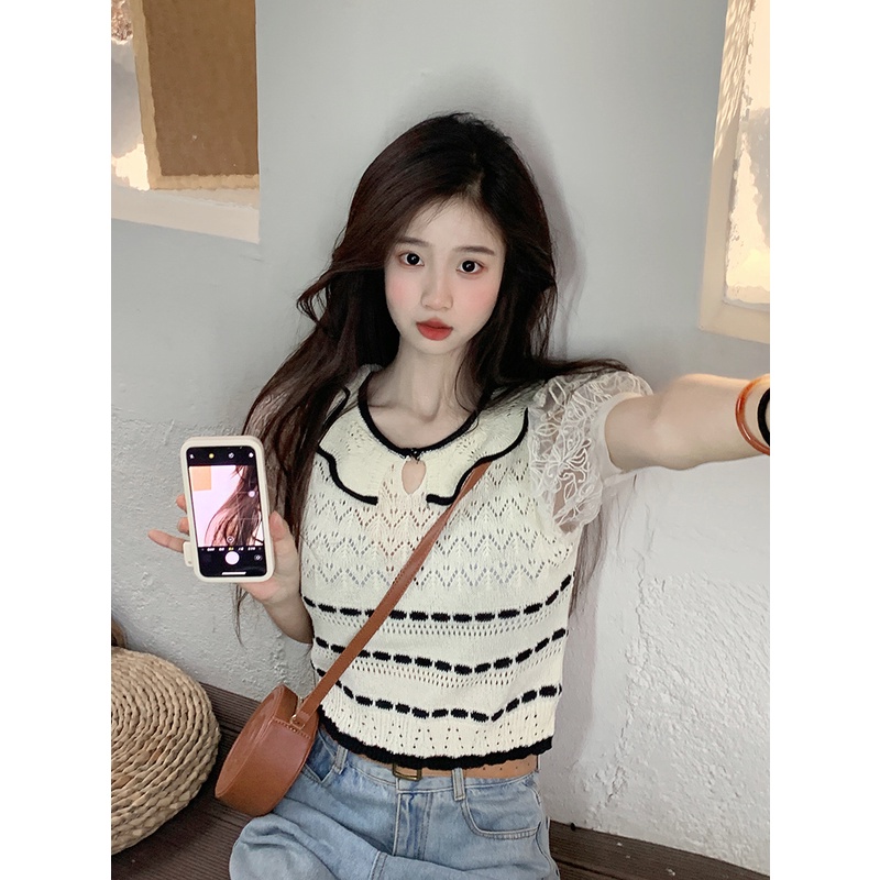 □Suhao kaos import wanita kaos wanita gaya korea lengan pendek kaos pendek perempuan gaya Perancis kecil wangi rajutan lengan pendek t-shirt wanita desain musim panas akal ceruk chic bahu depan puff lengan pendek