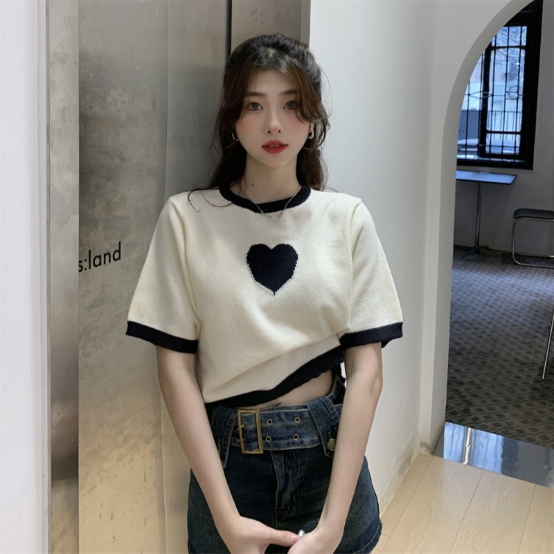 ✤﹉๑Suhao kaos import wanita kaos wanita gaya korea lengan pendek kaos pendek perempuan design sense niche love jacquard knitted short-sleeved t-shirt women summer loose chic French chic short top