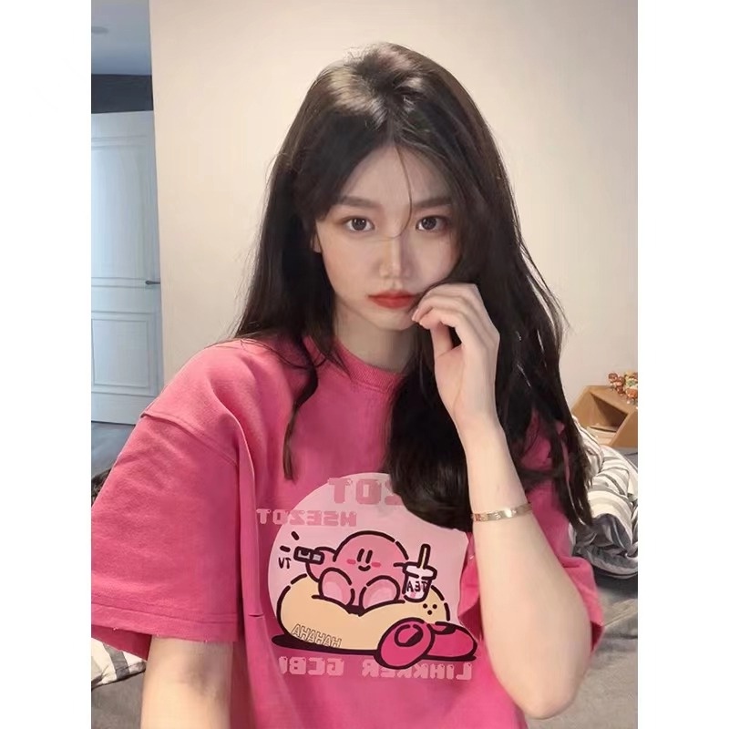 ❏✸Suhao kaos import wanita kaos wanita gaya korea lengan pendek kaos pendek perempuan bahu depan merah lengan pendek t-shirt wanita musim panas longgar oversize design sense niche milk soft girl top T-shirt