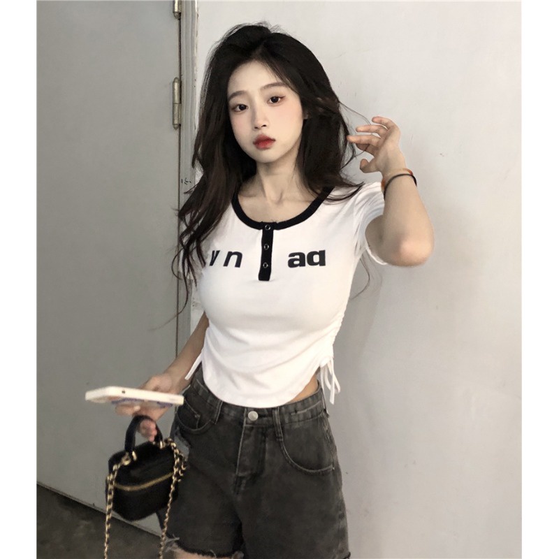 ▼♦✔Suhao kaos import wanita kaos wanita gaya korea lengan pendek kaos pendek perempuan pure desire style V-neck drawstring irregular front shoulder short-sleeve T-shirt women s summer sweet and spicy slim-fit short high-waist T-shirt top