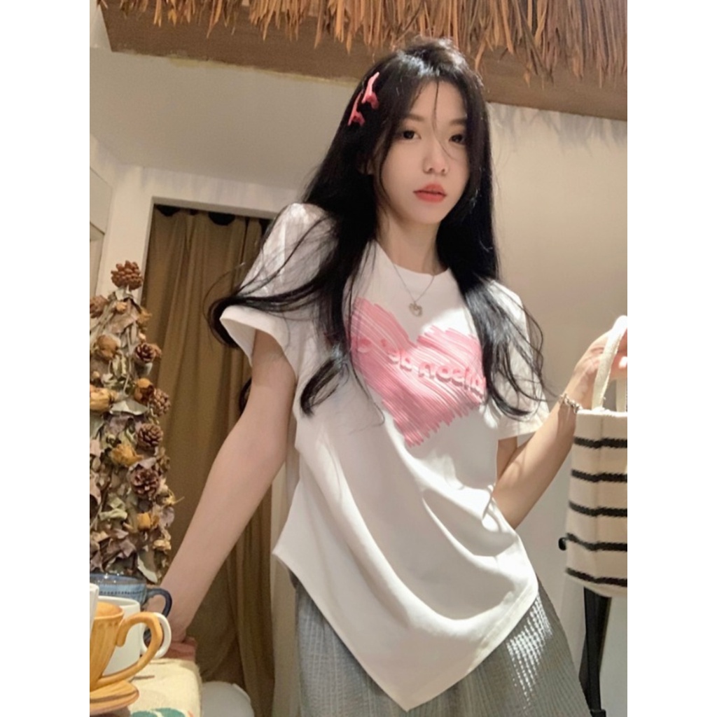 ✧✉Suhao kaos import wanita kaos wanita gaya korea lengan pendek kaos pendek perempuan gaya amerika putih bahu depan t-shirt lengan pendek wanita desain musim panas ceruk tidak teratur hot gadis ramping setengah lengan atas musim panas