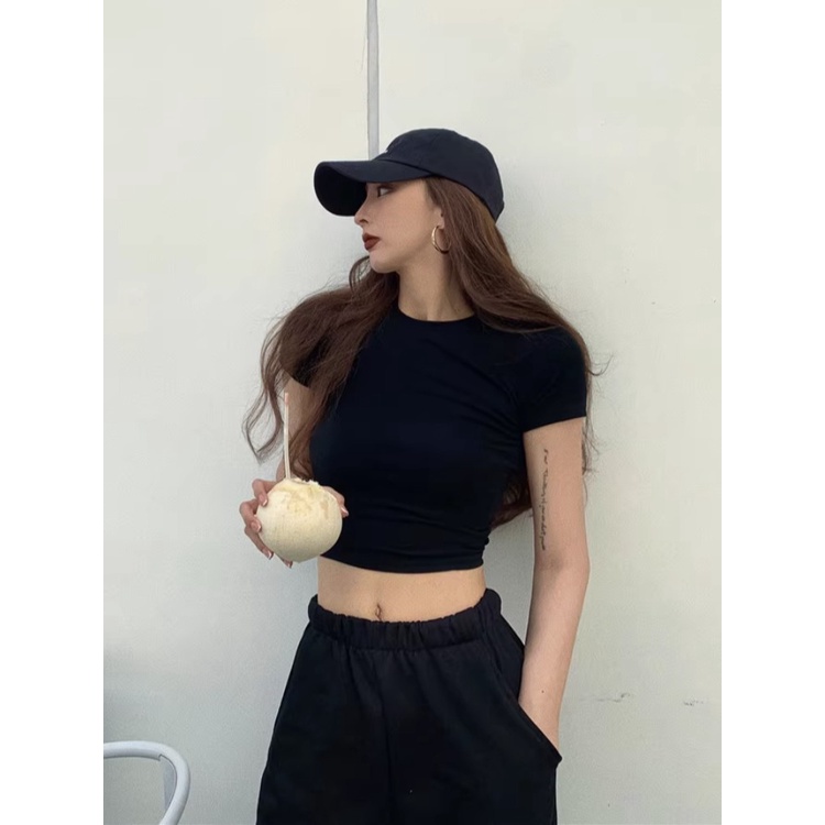 ✚Suhao kaos import wanita kaos wanita gaya korea lengan pendek kaos pendek perempuan hitam berpinggang tinggi bahu lengan pendek t-shirt wanita musim panas slim fit ketat dalaman seksi hot girl crop top merah