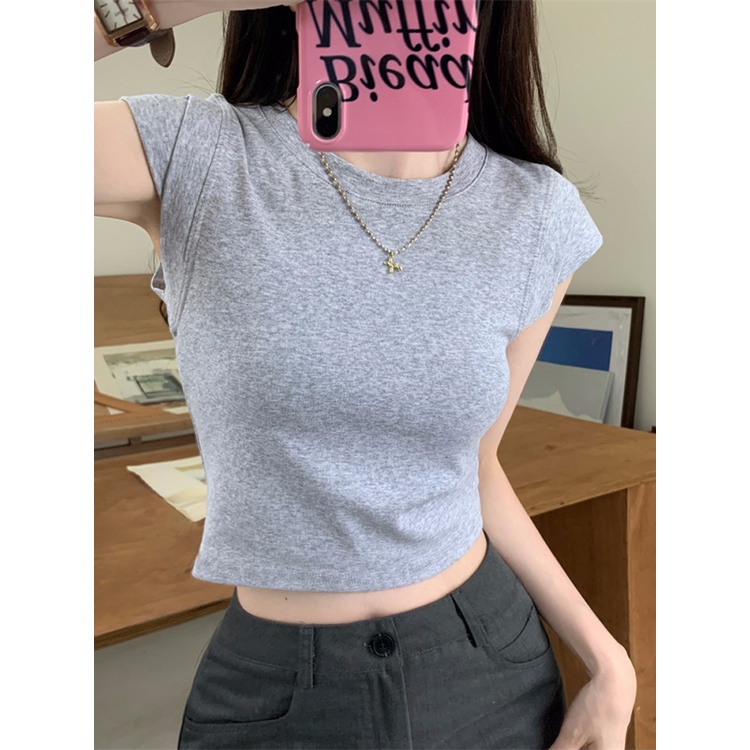 ஐ▧Suhao kaos import wanita kaos wanita gaya korea lengan pendek kaos pendek perempuan lengan terbang kecil American style front shoulder short top women s summer design feeling slim fit tight grey short-sleeved T-shirt