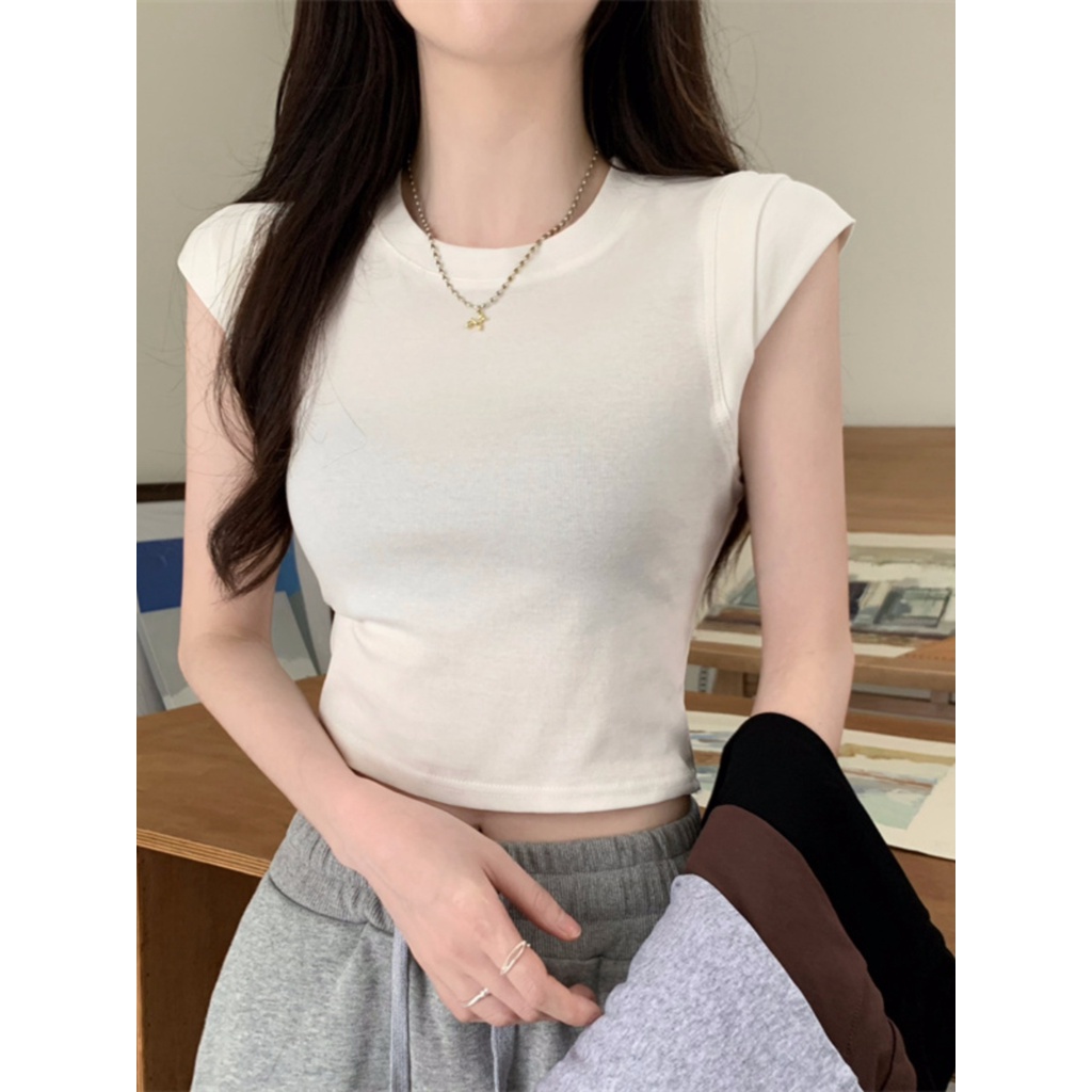 ஐ▧Suhao kaos import wanita kaos wanita gaya korea lengan pendek kaos pendek perempuan lengan terbang kecil American style front shoulder short top women s summer design feeling slim fit tight grey short-sleeved T-shirt