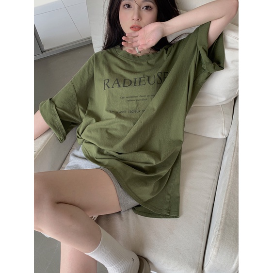 ✶∋✜Suhao kaos import wanita kaos wanita gaya korea lengan pendek kaos pendek perempuan American retro round neck loose shoulder short-sleeve t-shirt women s summer letter print chic niche design top