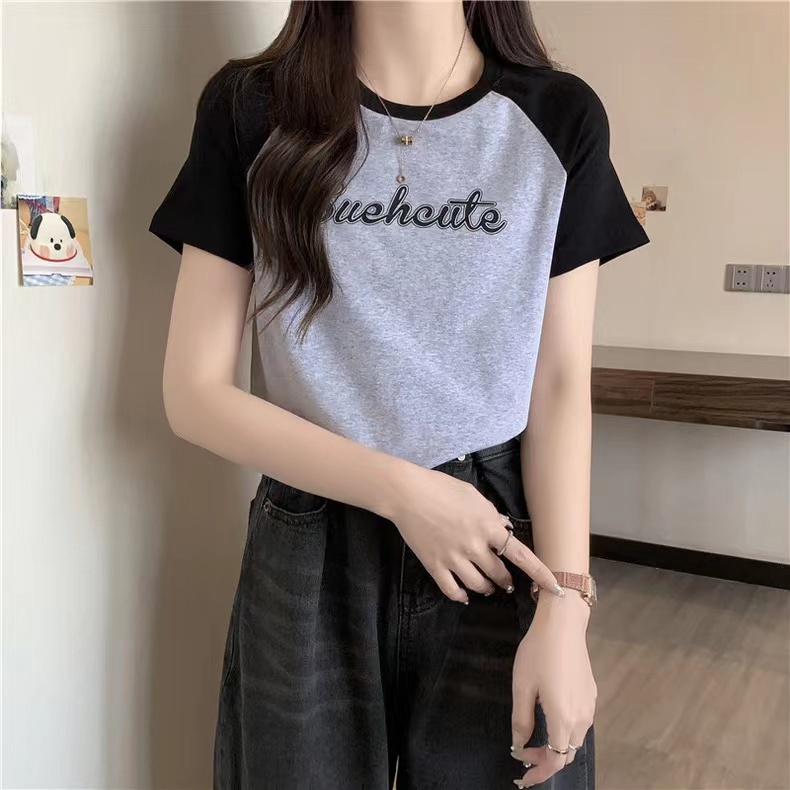 ✐Suhao kaos import wanita kaos wanita gaya korea lengan pendek kaos pendek perempuan American style retro contrast color raglan letter print front shoulder t-shirt short-sleeved women s summer short short cotton top