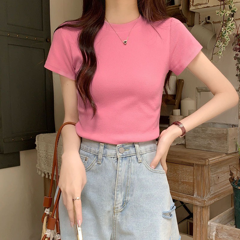 ☑✎Suhao kaos import wanita kaos wanita gaya korea lengan pendek kaos pendek perempuan murni keinginan pendek ketat hot girl t-shirt lengan pendek wanita musim panas baru retro merah putih chic Hong Kong rasa ins top