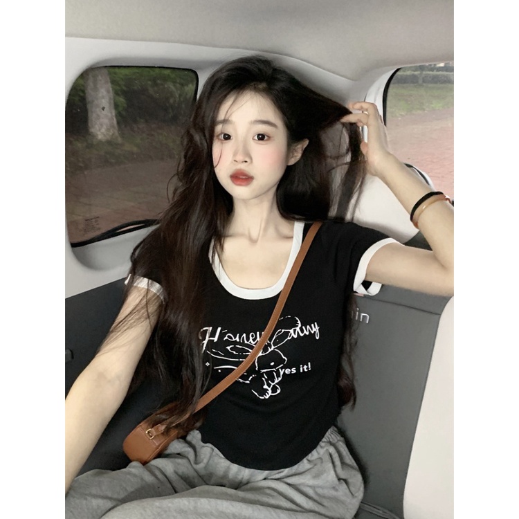 ✥Suhao kaos import wanita kaos wanita gaya korea lengan pendek kaos pendek perempuan Contrast color printing hot girl tight shoulder short sleeve knit t-shirt women s summer slim and thin short American bm top