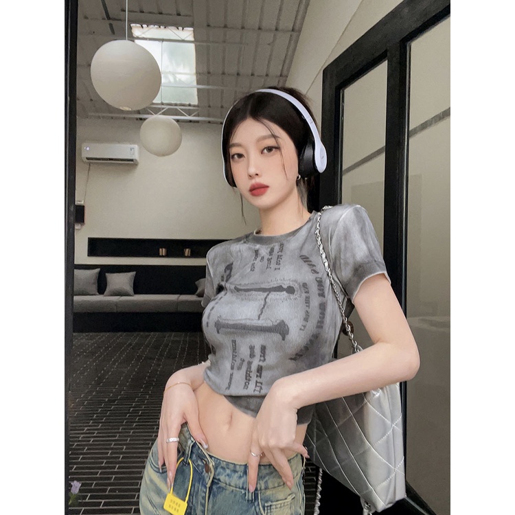 ❦✚✽Suhao kaos import wanita kaos wanita korean style lengan pendek kaos pendek perempuan American style retro grey tie-dye front shoulder short-sleeve t-shirt women s summer summer hot girl short tight slim fit top