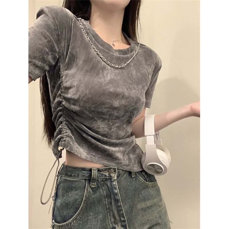◕▫☃Suhao kaos import wanita kaos wanita gaya korea lengan pendek kaos pendek perempuan lengan pendek t-shirt lengan pendek dengan kesan desain musim panas untuk wanita keinginan murni untuk gadis panas manis American retro drawstring short irregular top